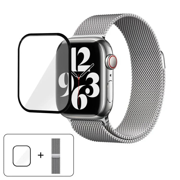 米蘭不鏽鋼錶帶，配備3D曲面保護膜，適用於Apple Watch Series 10 46mm、Apple Watch Series 10 42mm、Apple Watch Series 44mm