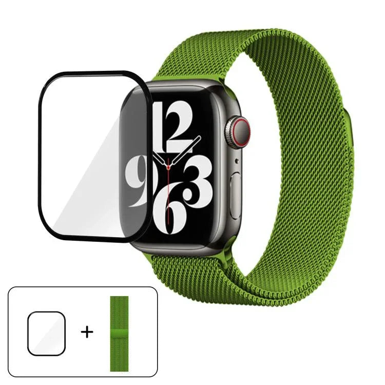 米蘭尼斯不鏽鋼錶帶搭配3D曲面膜，適用於Apple Watch系列41mm、38mm、42mm