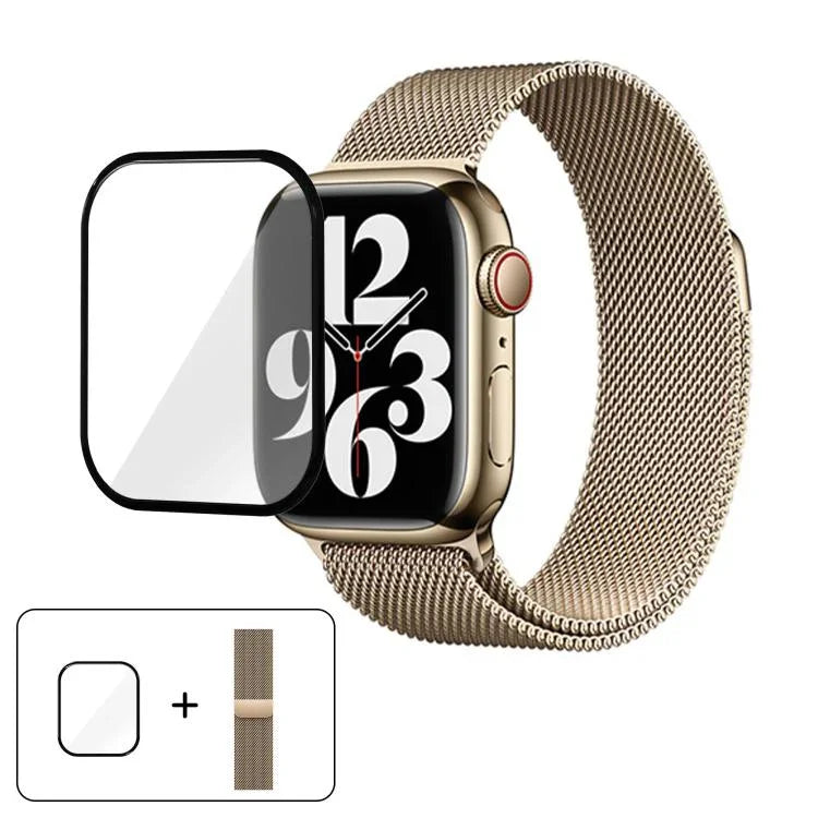 米蘭尼斯不鏽鋼錶帶搭配3D曲面膜，適用於Apple Watch系列41mm、38mm、42mm