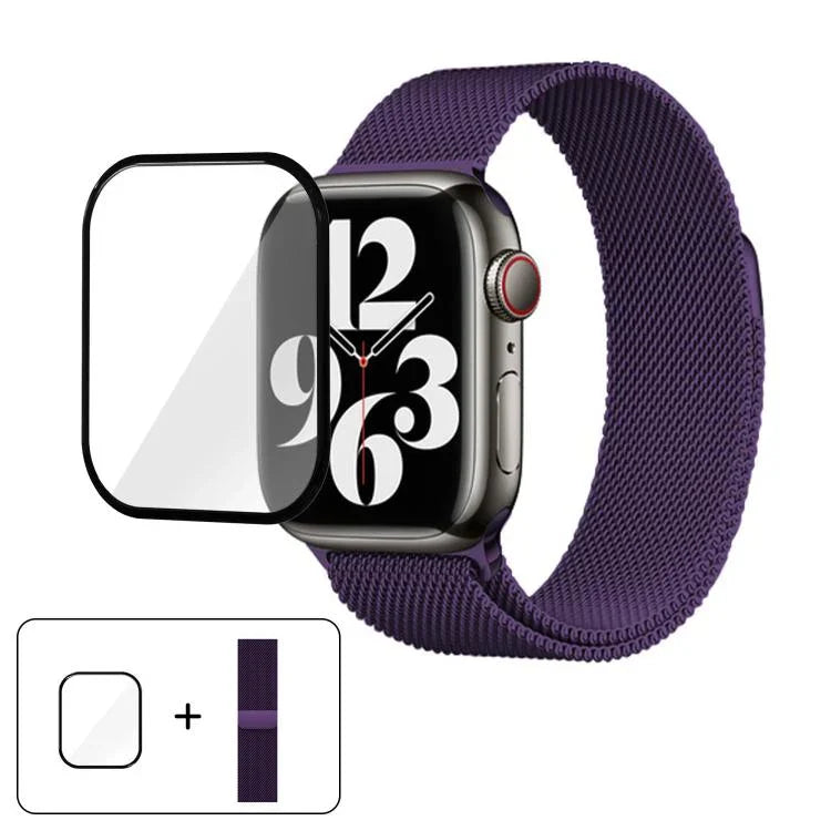 米蘭尼斯不鏽鋼錶帶搭配3D曲面膜，適用於Apple Watch系列41mm、38mm、42mm