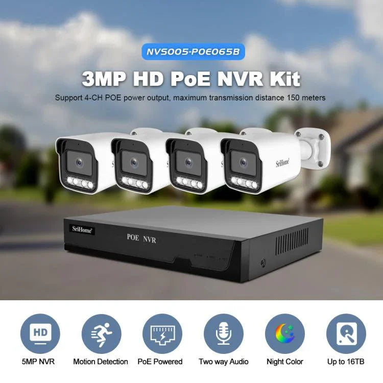 SriHome NVS005-POE065 3MP 高清 4通道 POE 攝影機網路視頻錄影套件，3MP 4通道