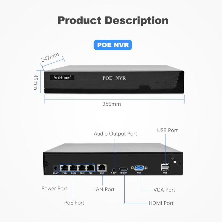 SriHome NVS005-POE030 3MP 高清 4 路 POE 攝影機網路錄影套件，3MP 4 路