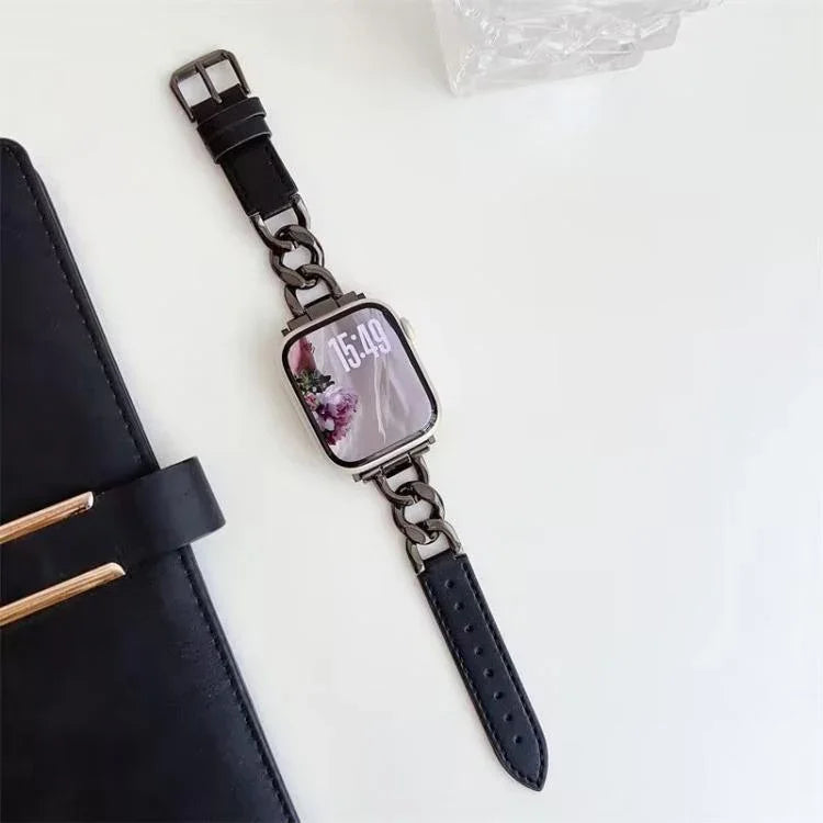 xDfind 牛仔鏈條金屬混合皮革錶帶，適用於Apple Watch 42 / 44 / 45 / 46 / 49mm，38 / 40 / 41 / S10 42mm
