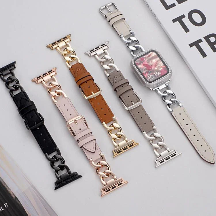 xDfind 牛仔鏈條金屬混合皮革錶帶，適用於Apple Watch 42 / 44 / 45 / 46 / 49mm，38 / 40 / 41 / S10 42mm