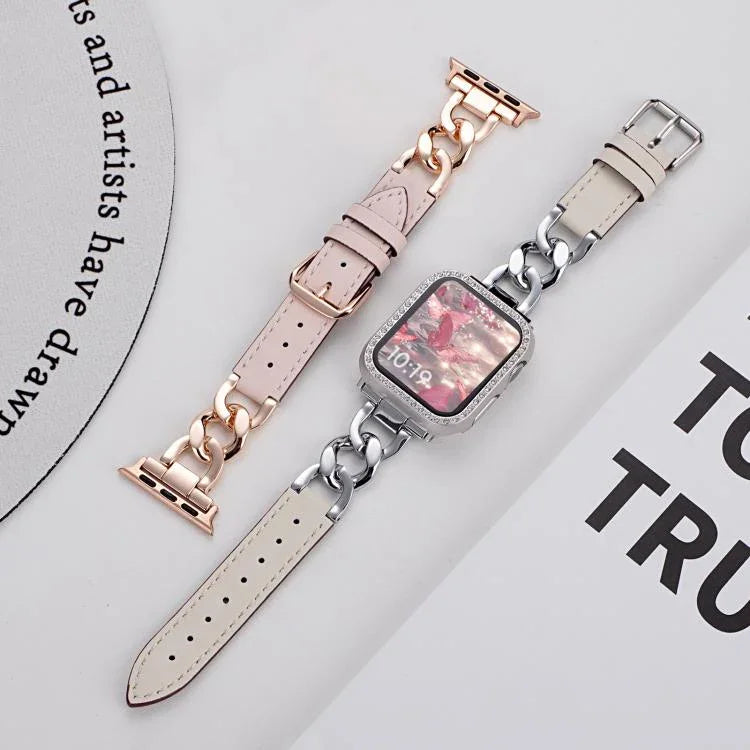 xDfind 牛仔鏈條金屬混合皮革錶帶，適用於Apple Watch 42 / 44 / 45 / 46 / 49mm，38 / 40 / 41 / S10 42mm