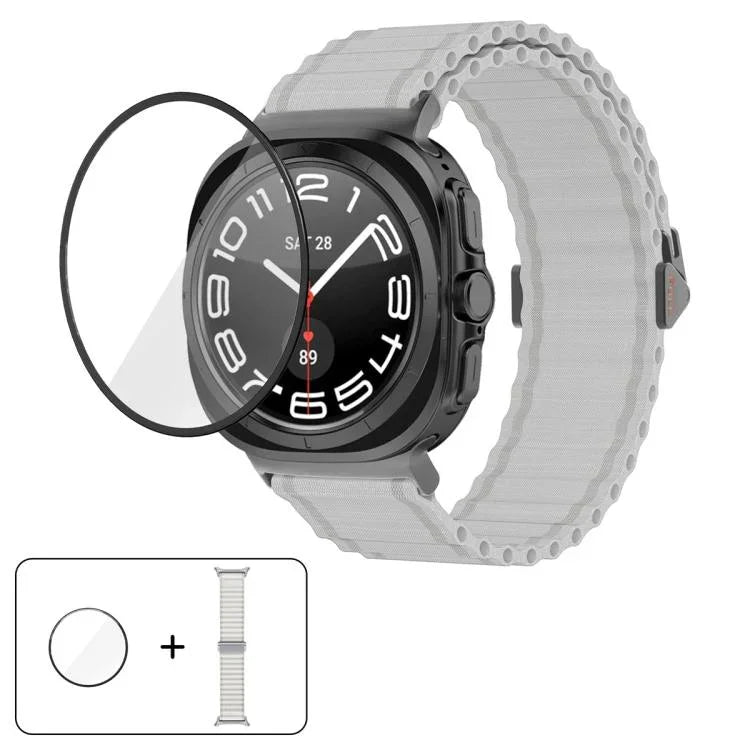 海洋環尼龍錶帶附3D曲面保護膜，適用於Samsung Galaxy Watch Ultra 2025，適用於Samsung Galaxy Watch Ultra 47mm