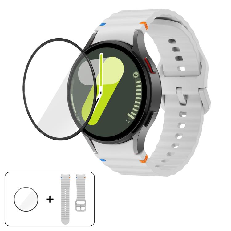 波浪縫線矽膠錶帶，配3D曲面保護膜，適用於Samsung Galaxy Watch4 Classic 46mm、Samsung Galaxy Watch4 Classic 42mm、Samsung Galaxy Watch5 Active 40mm、Samsung Galaxy Watch5 Active 44mm