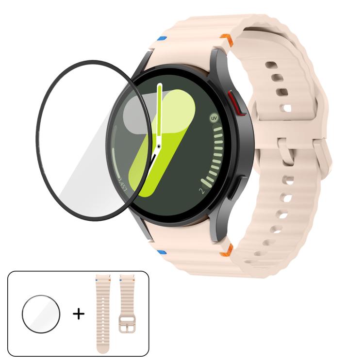 波浪縫線矽膠錶帶，配3D曲面保護膜，適用於Samsung Galaxy Watch4 Classic 46mm、Samsung Galaxy Watch4 Classic 42mm、Samsung Galaxy Watch5 Active 40mm、Samsung Galaxy Watch5 Active 44mm