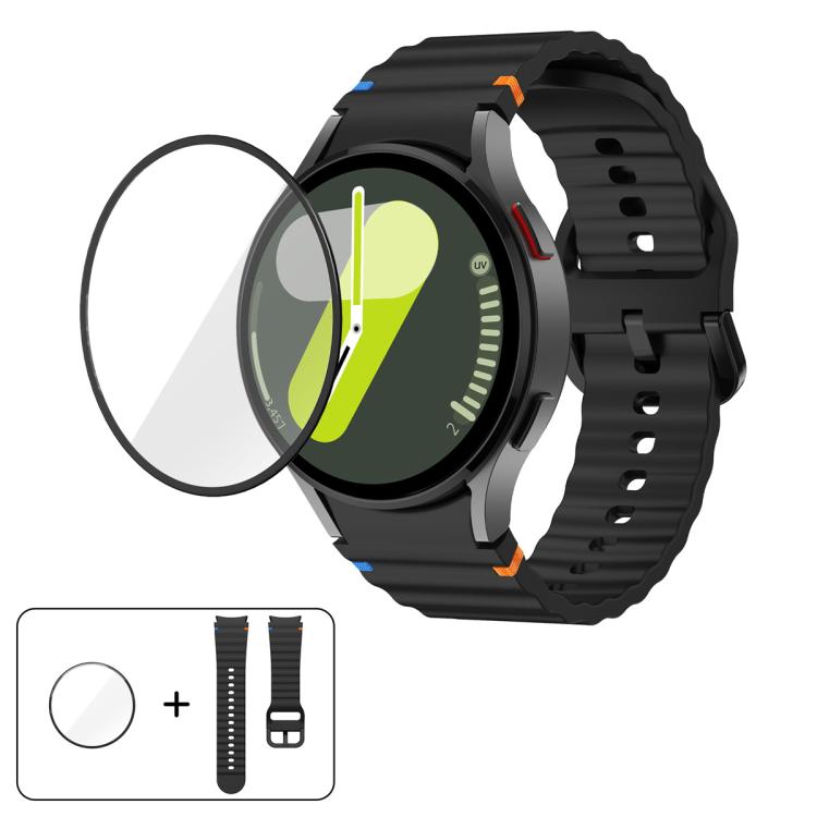 波浪縫線矽膠錶帶，配3D曲面保護膜，適用於Samsung Galaxy Watch4 Classic 46mm、Samsung Galaxy Watch4 Classic 42mm、Samsung Galaxy Watch5 Active 40mm、Samsung Galaxy Watch5 Active 44mm