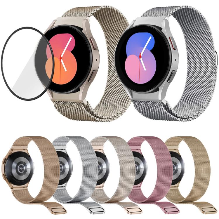 米蘭磁吸不鏽鋼錶帶附 3D 曲面膜，適用於 Samsung Galaxy Watch6 Classic 43mm、Samsung Galaxy Watch5 44mm、Samsung Galaxy Watch5 Pro 45mm、Samsung Galaxy Watch5 40mm、Samsung Galaxy Watch4 44mm