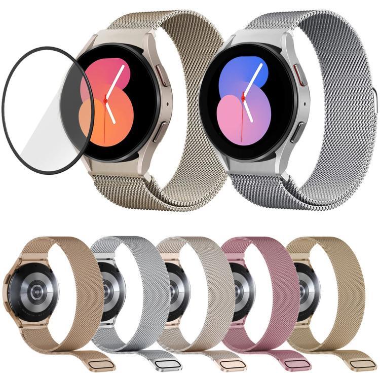 米蘭磁吸不鏽鋼錶帶附3D曲面保護膜，適用於Samsung Galaxy Watch4 Classic 46mm，適用於Samsung Galaxy Watch4 Classic 42mm，適用於Samsung Galaxy Watch5 Active 40mm，適用於Samsung Galaxy Watch5 Active 44mm