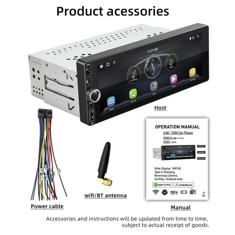 F6021 6.86 吋 IPS 螢幕車用 1Din MP5 播放器 支援 CarPlay 與 Android Auto，F6021