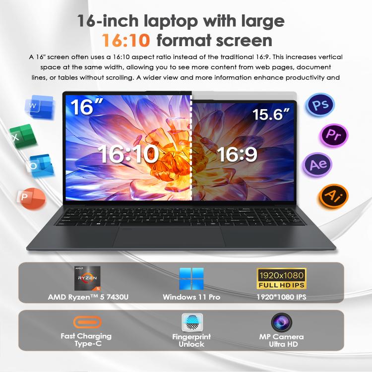 GXMO T160 16吋 Windows 11 筆記型電腦，16GB+512GB，AMD Ryzen 5 7430U 六核心處理器，歐規插頭，美規插頭，英規插頭，澳規插頭