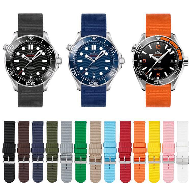 Stainless Steel Pin Buckle Solid Color Nylon Canvas Watch Band, 24mm