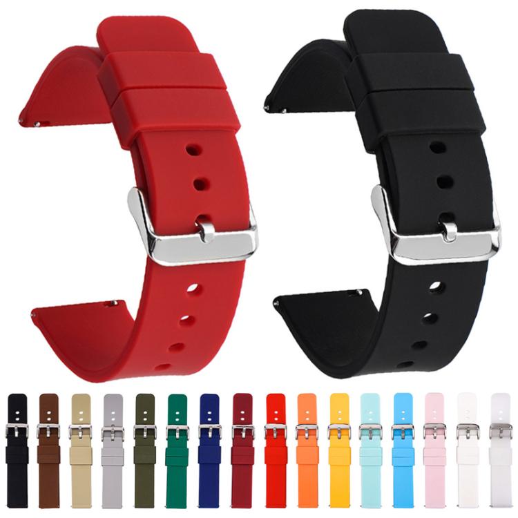 Stainless Steel Silver Pin Buckle Solid Color Silicone Waterproof Watch Band, 20mm, 21mm, 22mm