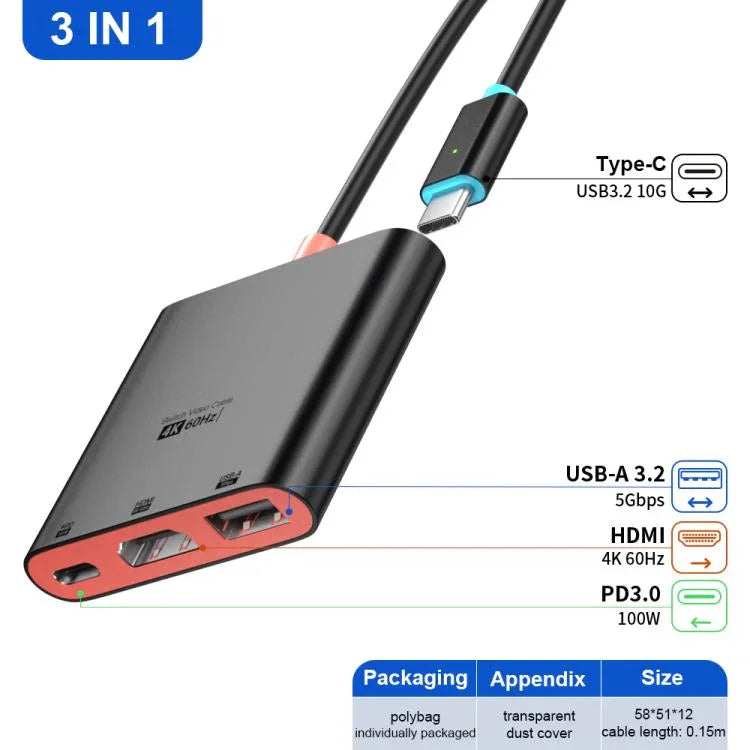 3合1 Type-C轉HDMI + USB 3.0 + Type-C PD充電埠桌面擴充座，適用於Nintendo Switch