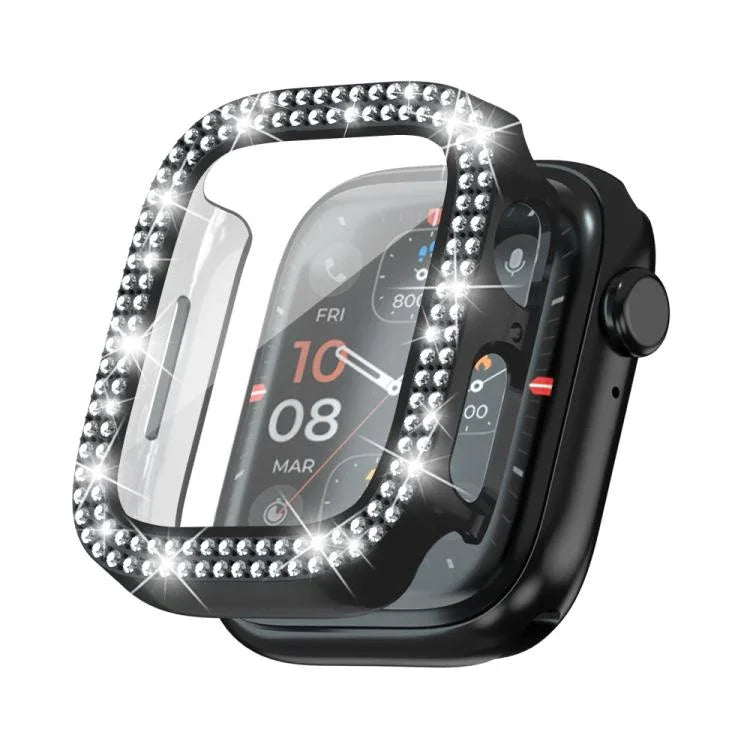 xDfind 雙排鑽石鋼化玻璃膜一體成型 PC 錶殼，適用於 Apple Watch Series 6 / 5 / 4 / SE 44mm，適用於 Apple Watch Series 6 / 5 / 4 / SE 40mm，適用於 Apple Watch Series 11 46mm / 10 46mm，適用於 Apple Watch Series 11 42mm / 10 42mm