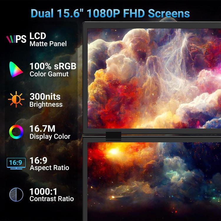 S156P31D 15.6 吋 1080P 雙螢幕可折疊便攜顯示器附支架，15.6 吋 1080P