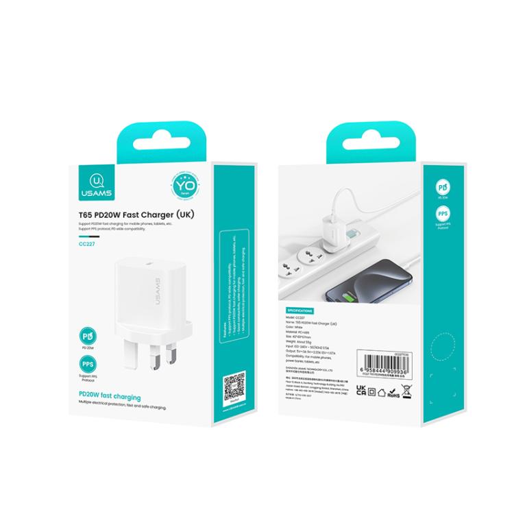 USAMS CC227 T65 PD20W USB-C / Type-C 單埠快充充電器，英規插頭，CC227