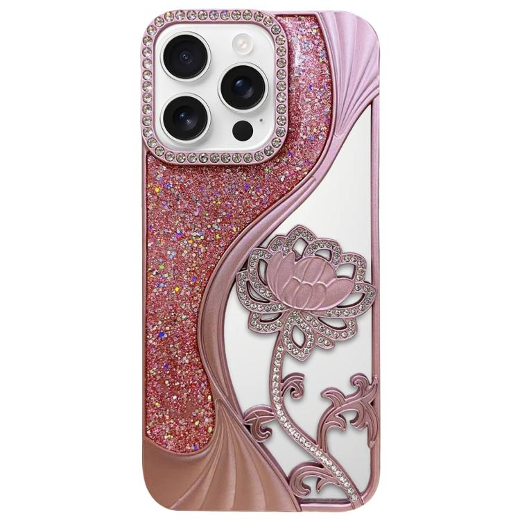 電鍍 TPU 蓮花鏤空雕刻鑽石閃粉手機殼，適用於 iPhone 17 Pro Max、iPhone 17 Pro、iPhone 17、iPhone 16 Pro Max、iPhone 16 Pro、iPhone 16、iPhone 15 Pro Max、iPhone 15 Pro