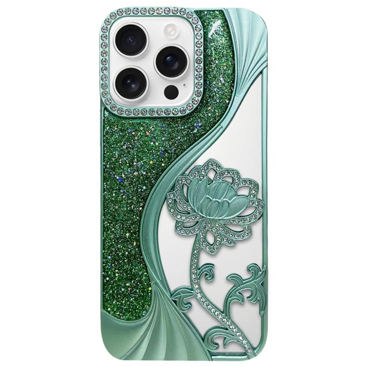 電鍍 TPU 蓮花鏤空雕刻鑽石閃粉手機殼，適用於 iPhone 17 Pro Max、iPhone 17 Pro、iPhone 17、iPhone 16 Pro Max、iPhone 16 Pro、iPhone 16、iPhone 15 Pro Max、iPhone 15 Pro