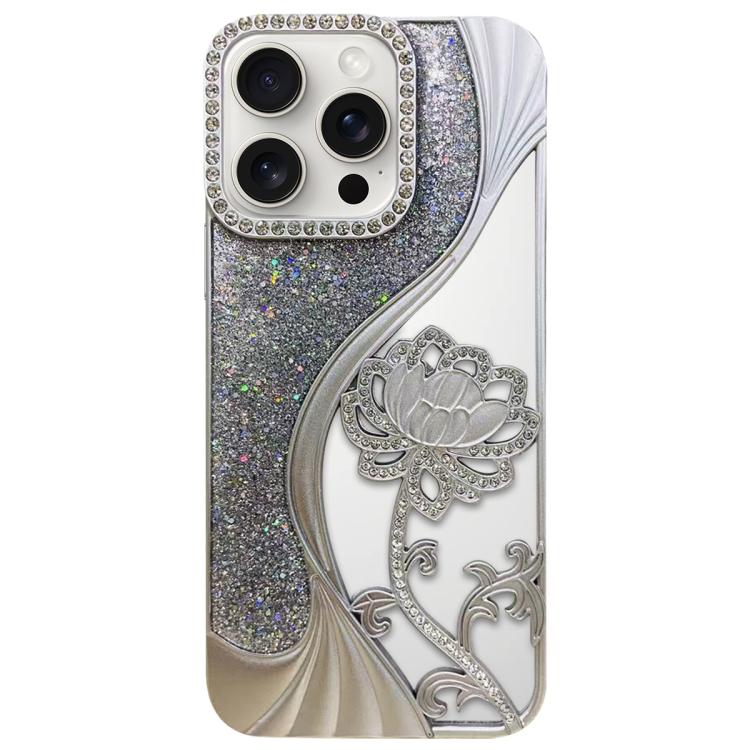 電鍍 TPU 蓮花鏤空雕刻鑽石閃粉手機殼，適用於 iPhone 15、iPhone 14、iPhone 14 Pro、iPhone 14 Pro Max、iPhone 13 Pro Max、iPhone 13 Pro、iPhone 13、iPhone 12