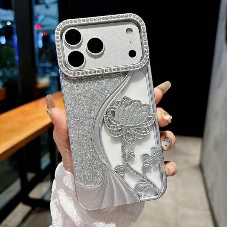 電鍍 TPU 蓮花鏤空雕刻鑽石閃粉手機殼，適用於 iPhone 17 Pro Max、iPhone 17 Pro、iPhone 17、iPhone 16 Pro Max、iPhone 16 Pro、iPhone 16、iPhone 15 Pro Max、iPhone 15 Pro