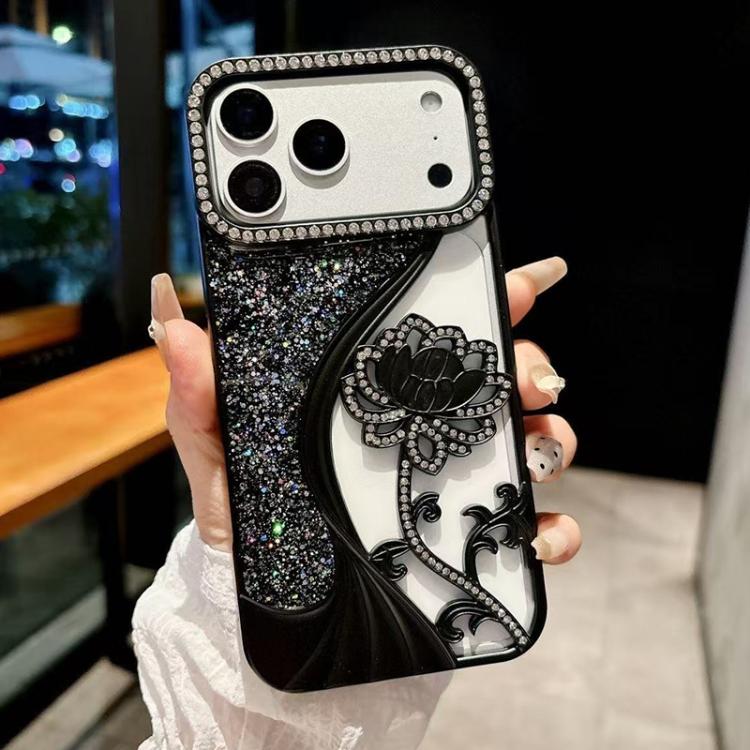 電鍍 TPU 蓮花鏤空雕刻鑽石閃粉手機殼，適用於 iPhone 17 Pro Max、iPhone 17 Pro、iPhone 17、iPhone 16 Pro Max、iPhone 16 Pro、iPhone 16、iPhone 15 Pro Max、iPhone 15 Pro