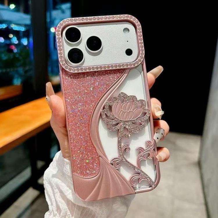 電鍍 TPU 蓮花鏤空雕刻鑽石閃粉手機殼，適用於 iPhone 17 Pro Max、iPhone 17 Pro、iPhone 17、iPhone 16 Pro Max、iPhone 16 Pro、iPhone 16、iPhone 15 Pro Max、iPhone 15 Pro