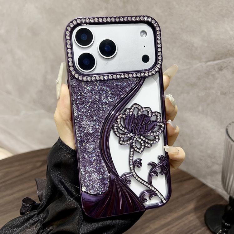 電鍍 TPU 蓮花鏤空雕刻鑽石閃粉手機殼，適用於 iPhone 17 Pro Max、iPhone 17 Pro、iPhone 17、iPhone 16 Pro Max、iPhone 16 Pro、iPhone 16、iPhone 15 Pro Max、iPhone 15 Pro