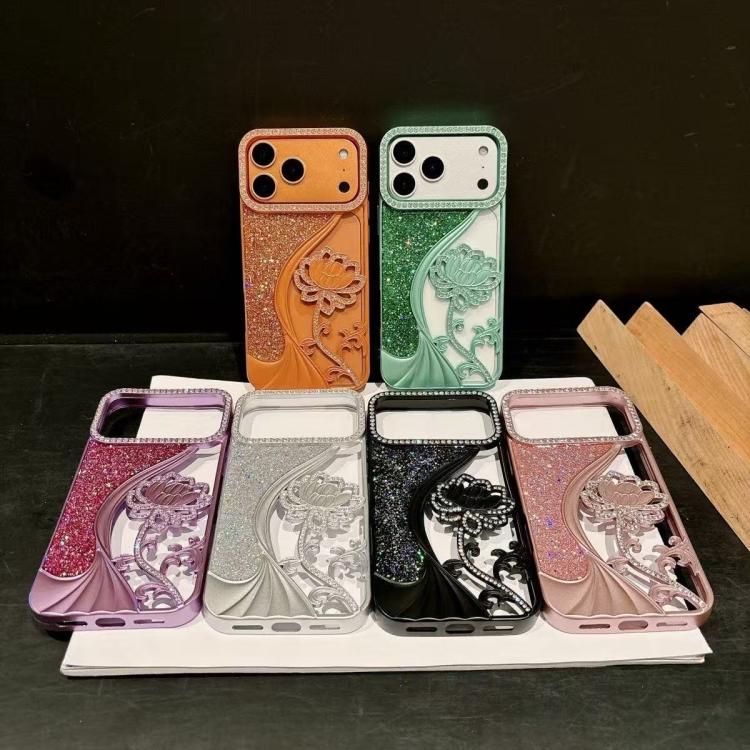 電鍍 TPU 蓮花鏤空雕刻鑽石閃粉手機殼，適用於 iPhone 12 Pro Max、iPhone 12 Pro、iPhone 11 Pro Max、iPhone 11