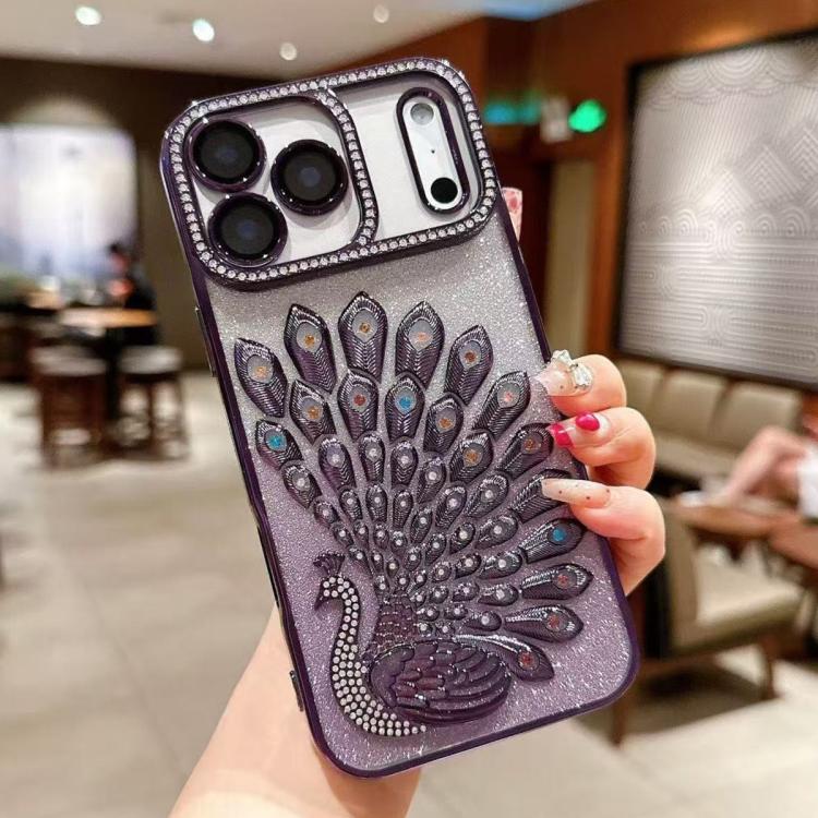 電鍍 TPU 孔雀浮雕鑽石閃粉手機殼附鏡頭保護膜，適用於 iPhone 17 Pro Max、iPhone 17 Pro、iPhone 17、iPhone 16 Pro Max、iPhone 16 Pro、iPhone 16 Plus、iPhone 16、iPhone 15 Pro Max