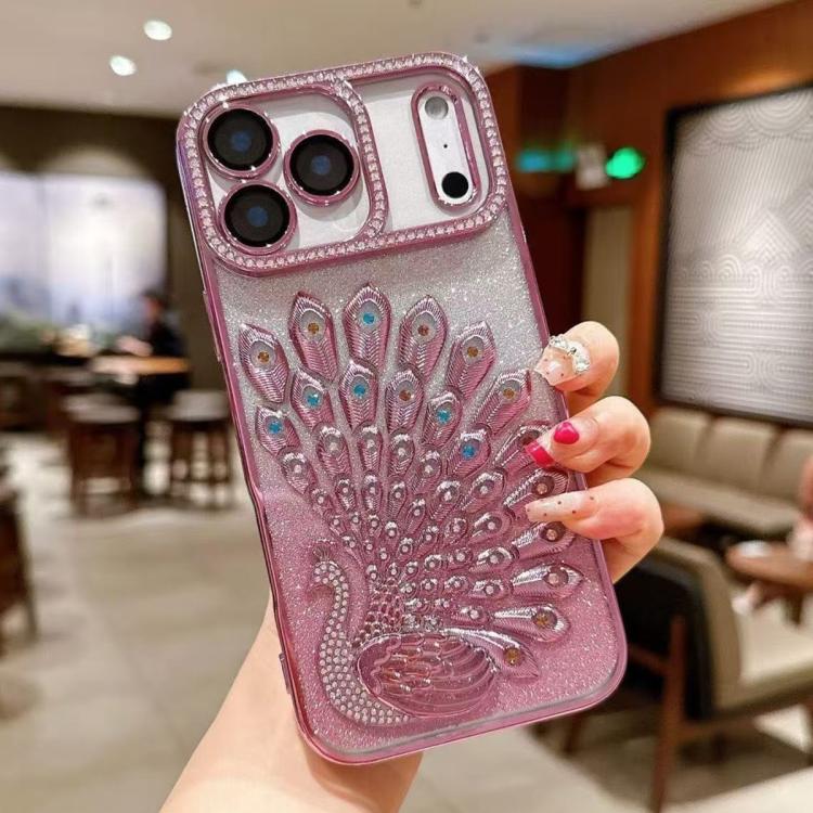 電鍍 TPU 孔雀浮雕鑽石閃粉手機殼附鏡頭保護膜，適用於 iPhone 17 Pro Max、iPhone 17 Pro、iPhone 17、iPhone 16 Pro Max、iPhone 16 Pro、iPhone 16 Plus、iPhone 16、iPhone 15 Pro Max