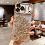 電鍍 TPU 孔雀浮雕鑽石閃粉手機殼附鏡頭保護膜，適用於 iPhone 17 Pro Max、iPhone 17 Pro、iPhone 17、iPhone 16 Pro Max、iPhone 16 Pro、iPhone 16 Plus、iPhone 16、iPhone 15 Pro Max