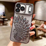 電鍍 TPU 孔雀浮雕鑽石閃粉手機殼附鏡頭保護膜，適用於 iPhone 17 Pro Max、iPhone 17 Pro、iPhone 17、iPhone 16 Pro Max、iPhone 16 Pro、iPhone 16 Plus、iPhone 16、iPhone 15 Pro Max