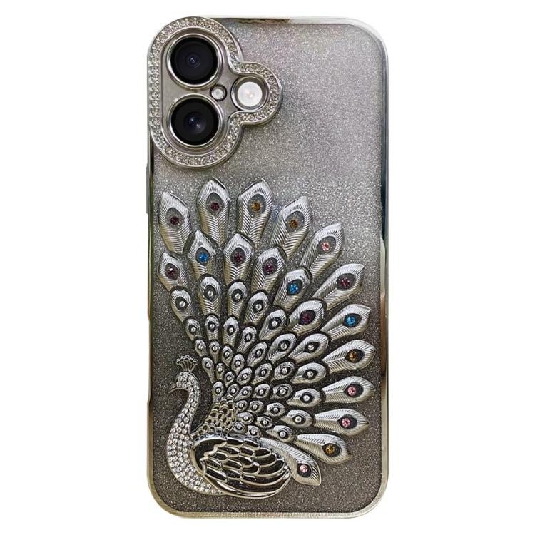 電鍍 TPU 孔雀浮雕鑽石閃粉手機殼附鏡頭保護膜，適用於 iPhone 17 Pro Max、iPhone 17 Pro、iPhone 17、iPhone 16 Pro Max、iPhone 16 Pro、iPhone 16 Plus、iPhone 16、iPhone 15 Pro Max