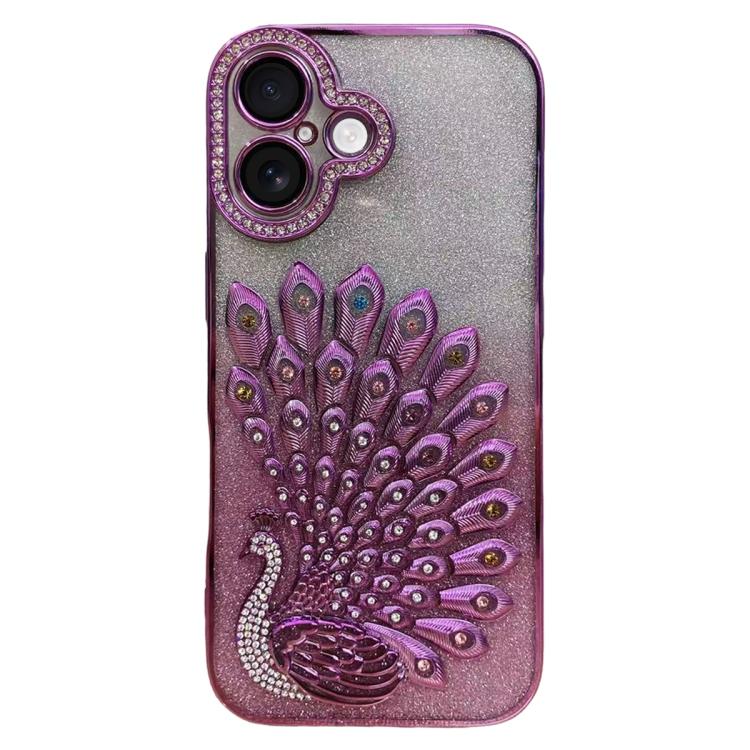 電鍍 TPU 孔雀浮雕鑽石閃粉手機殼附鏡頭保護膜，適用於 iPhone 17 Pro Max、iPhone 17 Pro、iPhone 17、iPhone 16 Pro Max、iPhone 16 Pro、iPhone 16 Plus、iPhone 16、iPhone 15 Pro Max