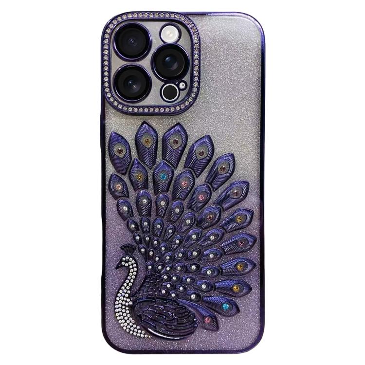 電鍍 TPU 孔雀浮雕鑽石閃粉手機殼附鏡頭保護膜，適用於 iPhone 17 Pro Max、iPhone 17 Pro、iPhone 17、iPhone 16 Pro Max、iPhone 16 Pro、iPhone 16 Plus、iPhone 16、iPhone 15 Pro Max