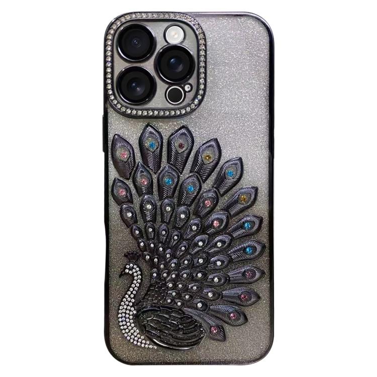 電鍍 TPU 孔雀浮雕鑽石閃粉手機殼附鏡頭保護膜，適用於 iPhone 17 Pro Max、iPhone 17 Pro、iPhone 17、iPhone 16 Pro Max、iPhone 16 Pro、iPhone 16 Plus、iPhone 16、iPhone 15 Pro Max