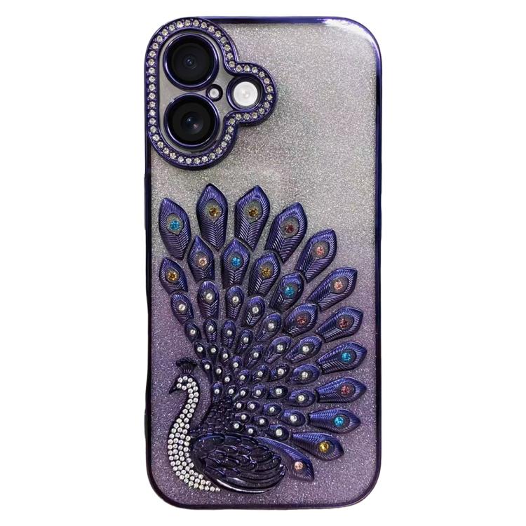 電鍍 TPU 孔雀浮雕鑽石閃粉手機殼附鏡頭保護膜，適用於 iPhone 17 Pro Max、iPhone 17 Pro、iPhone 17、iPhone 16 Pro Max、iPhone 16 Pro、iPhone 16 Plus、iPhone 16、iPhone 15 Pro Max