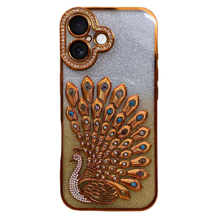 電鍍 TPU 孔雀浮雕鑽石閃粉手機殼附鏡頭保護膜，適用於 iPhone 17 Pro Max、iPhone 17 Pro、iPhone 17、iPhone 16 Pro Max、iPhone 16 Pro、iPhone 16 Plus、iPhone 16、iPhone 15 Pro Max
