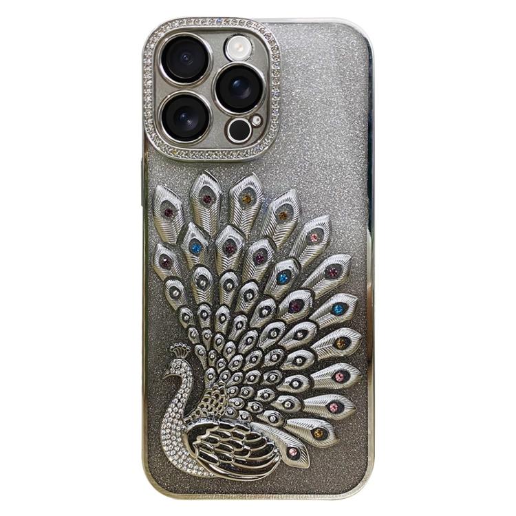 電鍍 TPU 孔雀浮雕鑽石閃粉手機殼附鏡頭保護膜，適用於 iPhone 17 Pro Max、iPhone 17 Pro、iPhone 17、iPhone 16 Pro Max、iPhone 16 Pro、iPhone 16 Plus、iPhone 16、iPhone 15 Pro Max