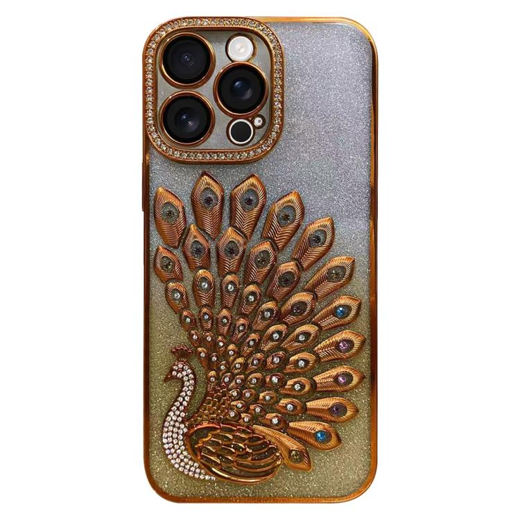 電鍍 TPU 孔雀浮雕鑽石閃粉手機殼附鏡頭保護膜，適用於 iPhone 17 Pro Max、iPhone 17 Pro、iPhone 17、iPhone 16 Pro Max、iPhone 16 Pro、iPhone 16 Plus、iPhone 16、iPhone 15 Pro Max