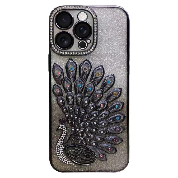 電鍍 TPU 孔雀浮雕鑽石閃粉手機殼附鏡頭保護膜，適用於 iPhone 17 Pro Max、iPhone 17 Pro、iPhone 17、iPhone 16 Pro Max、iPhone 16 Pro、iPhone 16 Plus、iPhone 16、iPhone 15 Pro Max