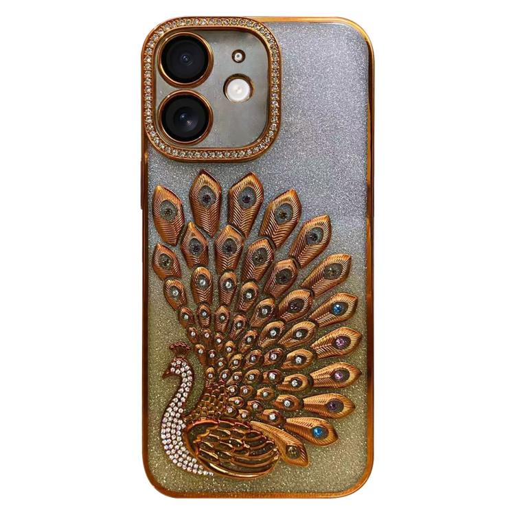 電鍍 TPU 孔雀浮雕鑽石閃粉手機殼附鏡頭保護膜，適用於 iPhone 11
