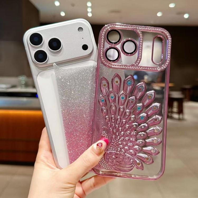 電鍍 TPU 孔雀浮雕鑽石閃粉手機殼附鏡頭保護膜，適用於 iPhone 11