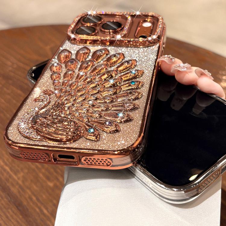電鍍 TPU 孔雀浮雕鑽石閃粉手機殼附鏡頭保護膜，適用於 iPhone 11