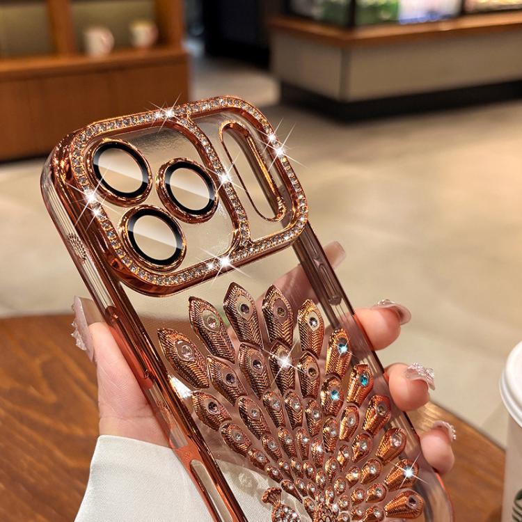 電鍍 TPU 孔雀浮雕鑽石閃粉手機殼附鏡頭保護膜，適用於 iPhone 17 Pro Max、iPhone 17 Pro、iPhone 17、iPhone 16 Pro Max、iPhone 16 Pro、iPhone 16 Plus、iPhone 16、iPhone 15 Pro Max