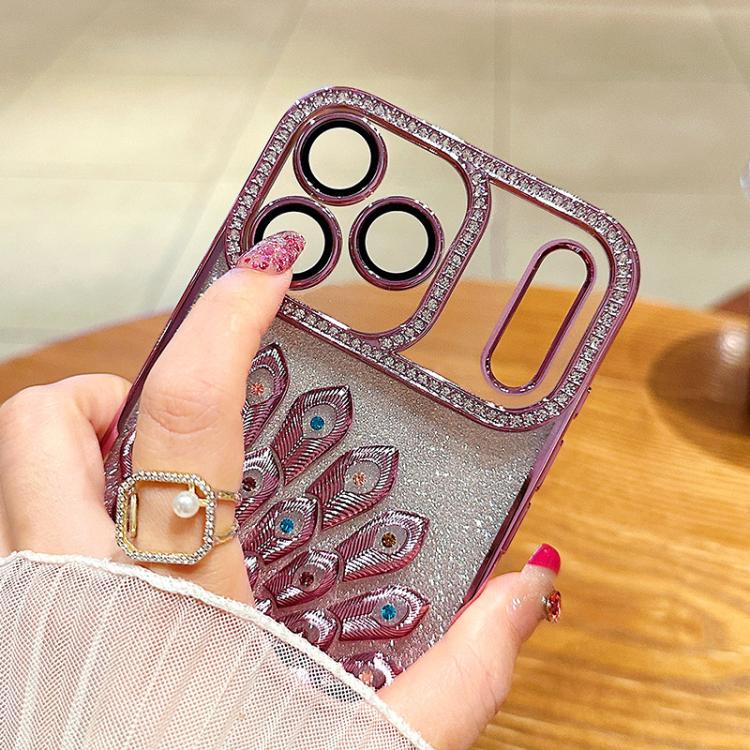 電鍍 TPU 孔雀浮雕鑽石閃粉手機殼附鏡頭保護膜，適用於 iPhone 11