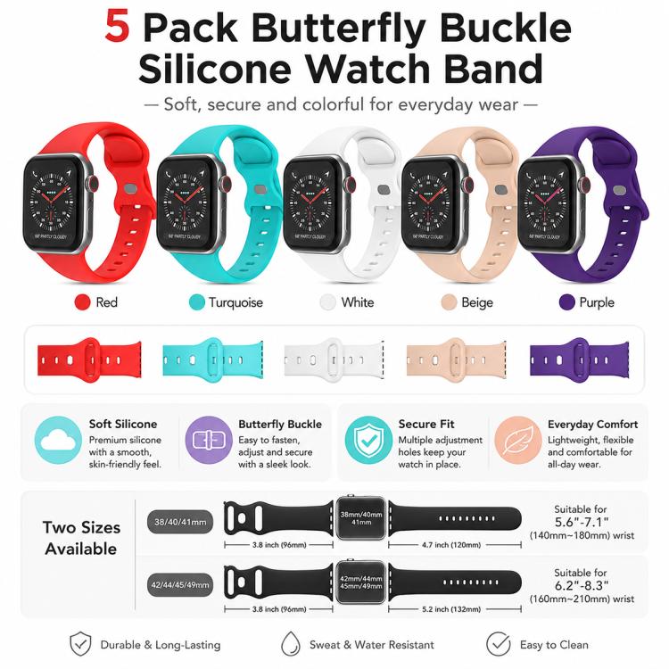 5入裝 xDfind 蝴蝶扣矽膠錶帶，適用於 Apple Watch 42 / 44 / 45 / 46 / 49mm，適用於 Apple Watch 38 / 40 / 41 / S11 42mm